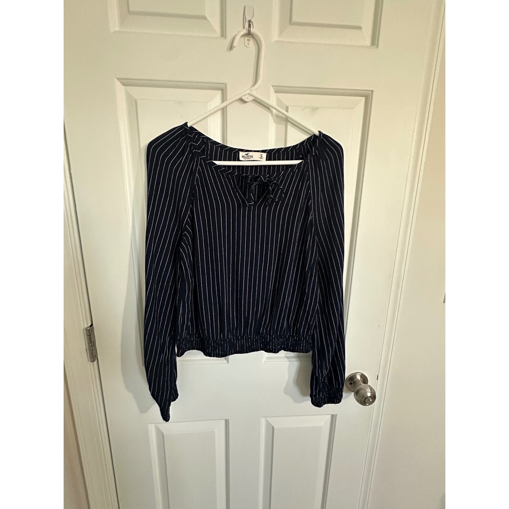 Hollister Navy Blue Striped Long Sleeve Tie Neck Smocked Bohemian Blouse